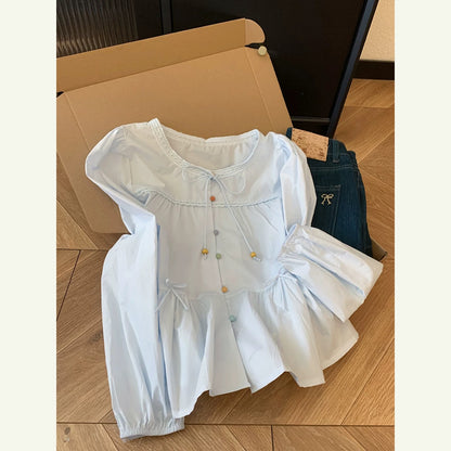 Kiss Allow Pure Cotton Blue Bow Tie Round Neck Button-Up Shirt Women's Unique Design Shirt Top Spring