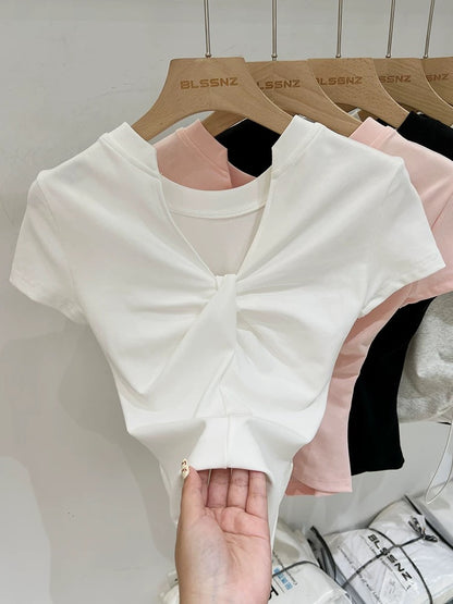 Pink cotton v-neck right shoulder short-sleeved t-shirt for women 2024 new summer design waist slim short top trendy