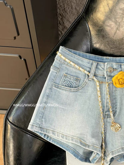 Women's light blue denim shorts, 2026 new style, color-blocked belt, camellia embroidery, Chanel-inspired straight leg casual pants