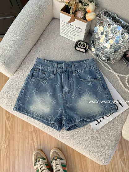 Women's Blue Denim Shorts, 2026 New Style, Petite Size, Jacquard, Korean Chic Style, Unique Summer Fit, Lightweight Pants