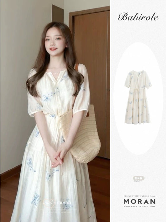 French tea break gentle style floral dress female 2025 summer new short sleeve waist temperament long dress small