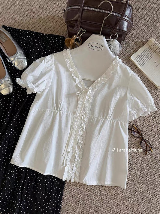 [In Stock] Solid Color Stylish Lace V-Neck Tie-Waist Shirt, New Korean Style Short-Sleeve Cardigan, Elegant Top