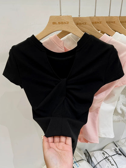 Pink cotton v-neck right shoulder short-sleeved t-shirt for women 2024 new summer design waist slim short top trendy