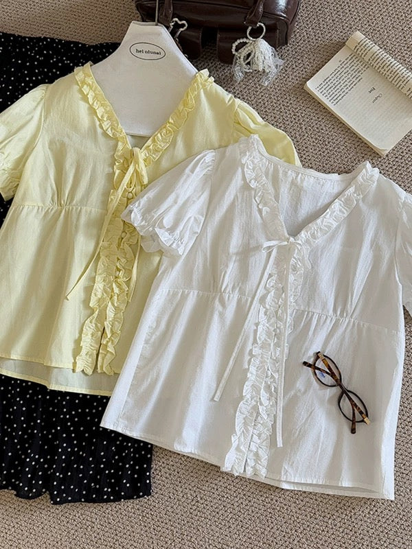 [In Stock] Solid Color Stylish Lace V-Neck Tie-Waist Shirt, New Korean Style Short-Sleeve Cardigan, Elegant Top