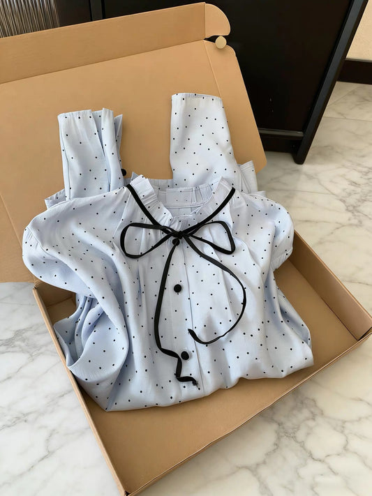 Korean style elegant bow tie blouse for women, spring fashion, versatile, youthful, long-sleeved shirt, retro polka dot top