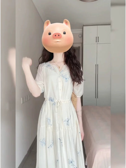 French tea break gentle style floral dress female 2025 summer new short sleeve waist temperament long dress small