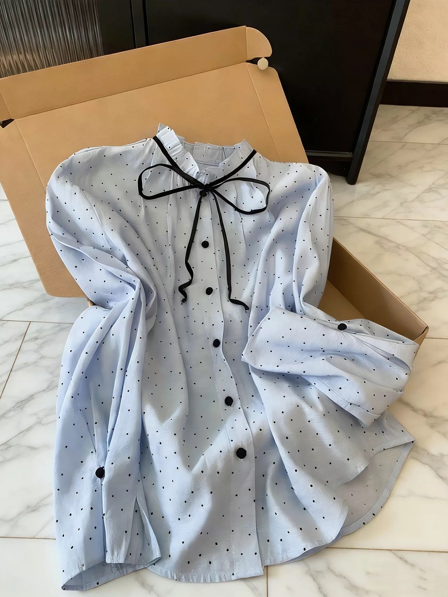 Korean style elegant bow tie blouse for women, spring fashion, versatile, youthful, long-sleeved shirt, retro polka dot top