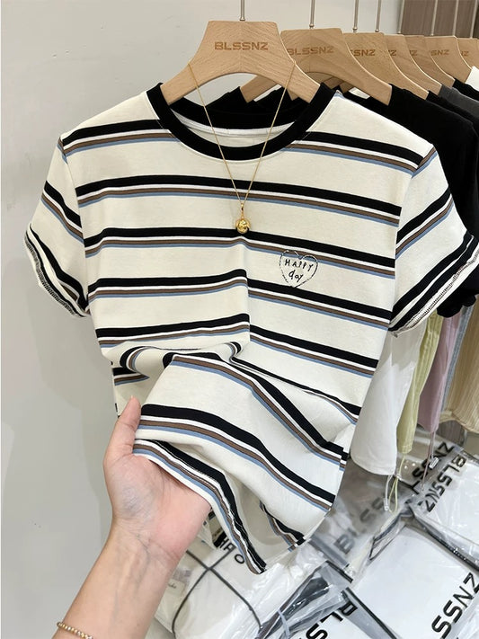 Black and white striped love embroidered right shoulder short-sleeved T-shirt for women summer loose T-shirt European goods 2024 new style
