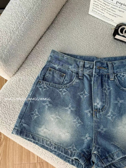 Women's Blue Denim Shorts, 2026 New Style, Petite Size, Jacquard, Korean Chic Style, Unique Summer Fit, Lightweight Pants