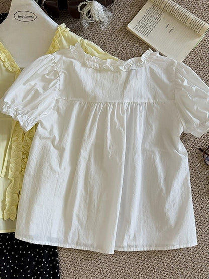[In Stock] Solid Color Stylish Lace V-Neck Tie-Waist Shirt, New Korean Style Short-Sleeve Cardigan, Elegant Top