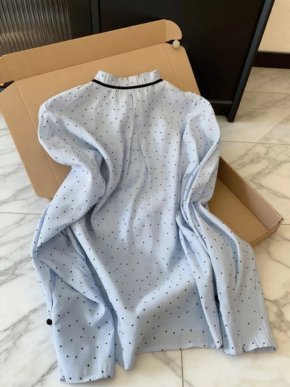 Korean style elegant bow tie blouse for women, spring fashion, versatile, youthful, long-sleeved shirt, retro polka dot top