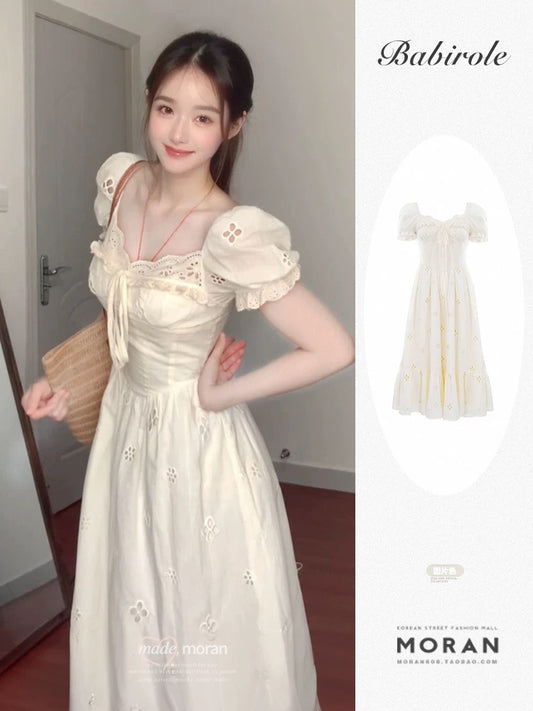 French style beautiful puff sleeve lace square neck dress female summer design niche gentle a-line long skirt waist