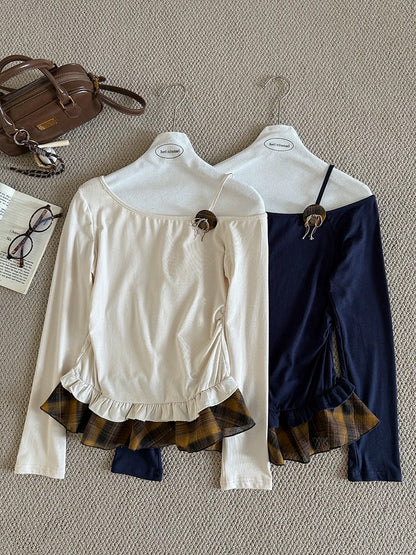 Faux two-piece asymmetrical off-shoulder lace T-shirt, women's autumn 2025 new style, slim fit, fashionable and casual long-sleeved top