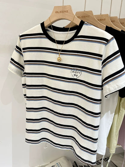 Black and white striped love embroidered right shoulder short-sleeved T-shirt for women summer loose T-shirt European goods 2024 new style
