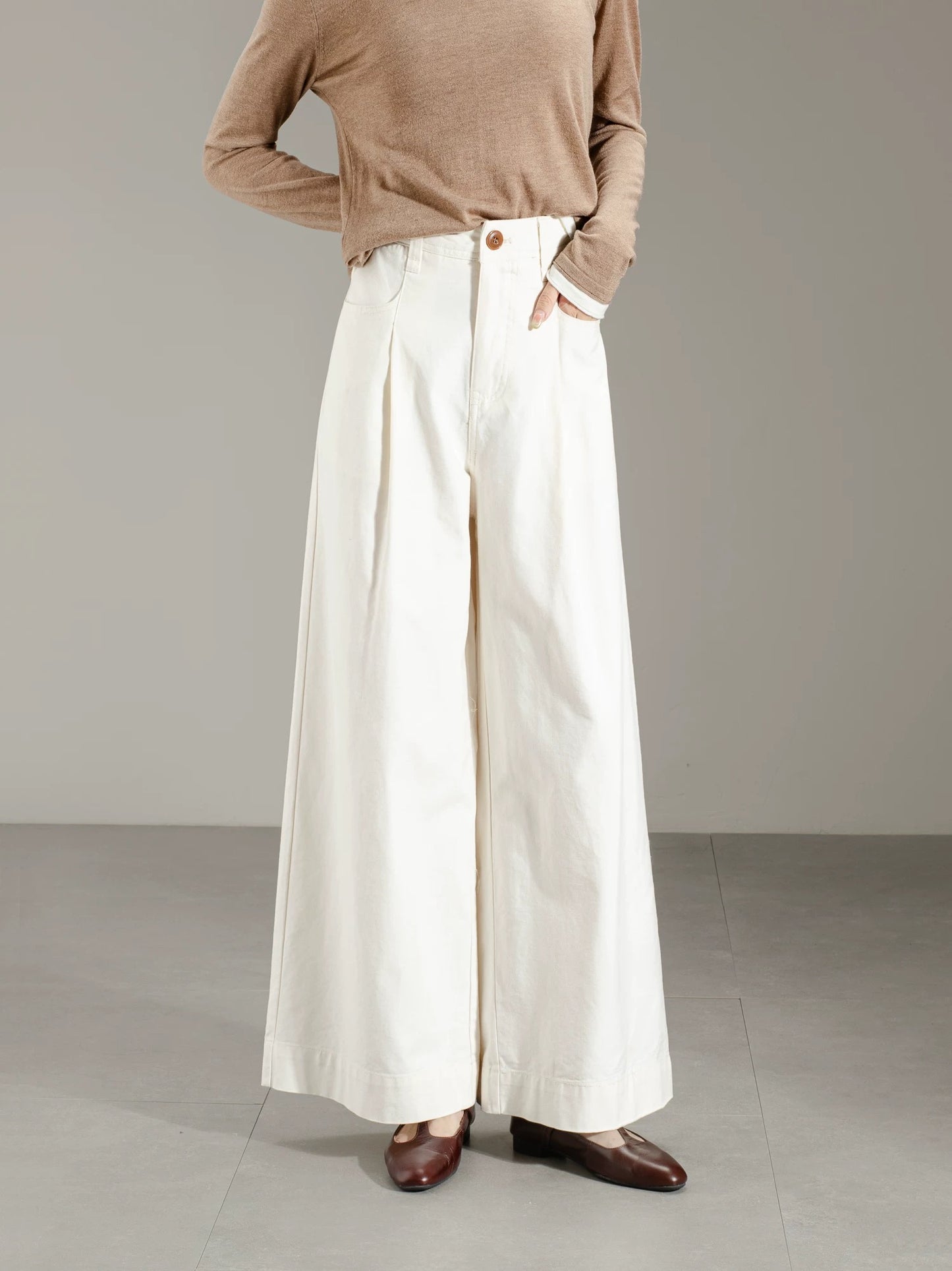 Korean retro simple apricot wide-leg pants casual pants women's spring and autumn high waist loose straight pants petite trousers