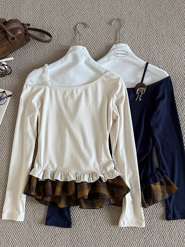 Faux two-piece asymmetrical off-shoulder lace T-shirt, women's autumn 2025 new style, slim fit, fashionable and casual long-sleeved top