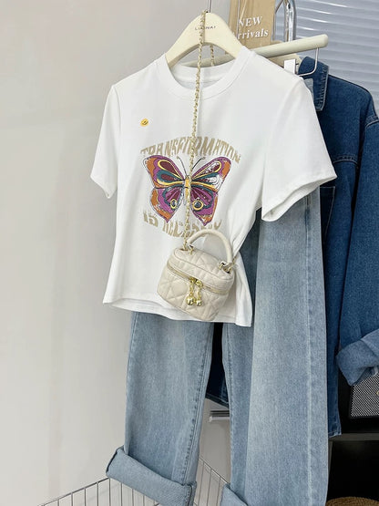 European station white short top women's half-sleeved summer 2024 new butterfly trendy brand printed short-sleeved T-shirt for women