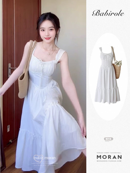 French pure waist white sling long skirt with big swing summer vacation travel beautiful unique dress for petite