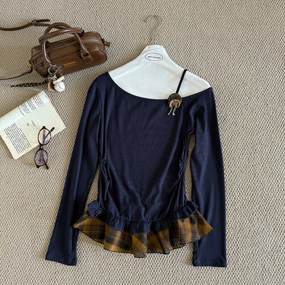 Faux two-piece asymmetrical off-shoulder lace T-shirt, women's autumn 2025 new style, slim fit, fashionable and casual long-sleeved top
