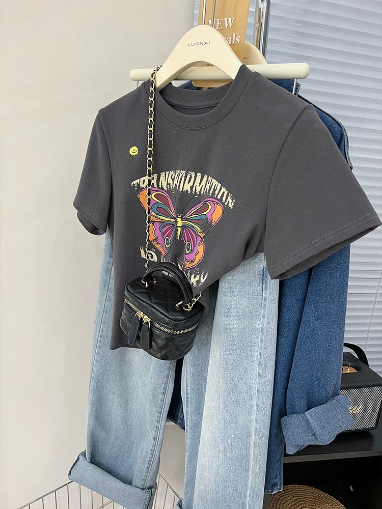 European station white short top women's half-sleeved summer 2024 new butterfly trendy brand printed short-sleeved T-shirt for women