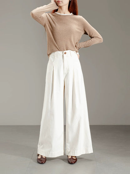 Korean retro simple apricot wide-leg pants casual pants women's spring and autumn high waist loose straight pants petite trousers