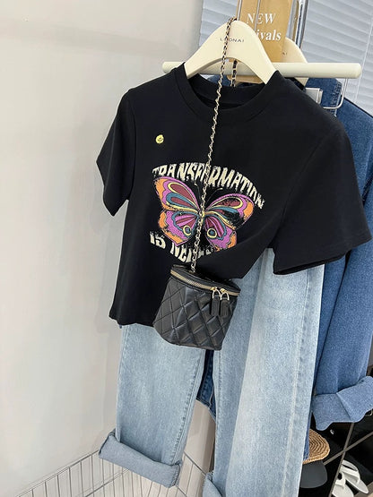 European station white short top women's half-sleeved summer 2024 new butterfly trendy brand printed short-sleeved T-shirt for women