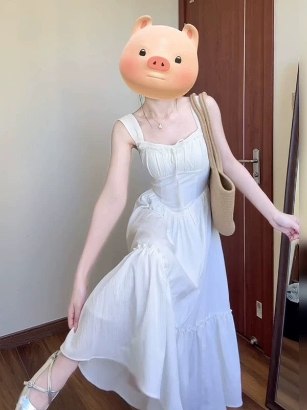 French pure waist white sling long skirt with big swing summer vacation travel beautiful unique dress for petite