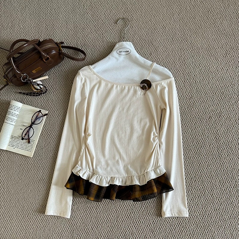 Faux two-piece asymmetrical off-shoulder lace T-shirt, women's autumn 2025 new style, slim fit, fashionable and casual long-sleeved top