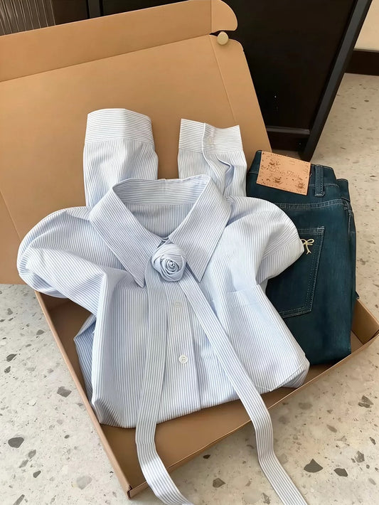 Korean-style high-end striped shirt with 3D floral embellishments, perfect for layering in spring, loose fit, versatile long-sleeved shirt jacket.