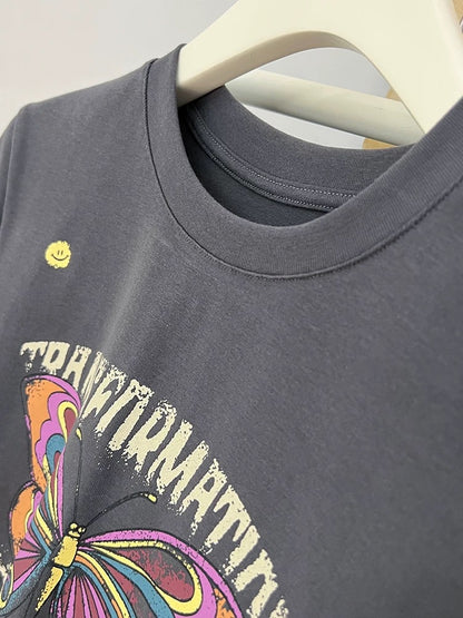 European station white short top women's half-sleeved summer 2024 new butterfly trendy brand printed short-sleeved T-shirt for women
