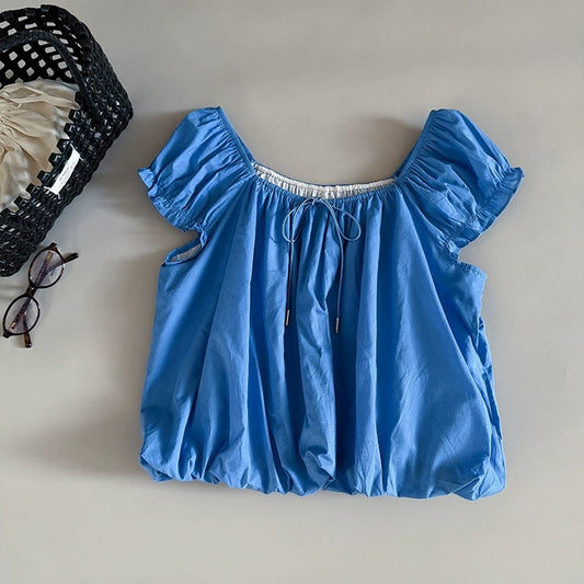 [In Stock] Solid Color Ruffled Lace Short-Sleeve Puff Shirt Women's Clothing, Youthful, Casual, Versatile Pullover Top