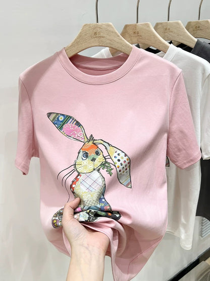 Pink t-shirt women's short-sleeved summer women's clothing new rabbit print design niche pure cotton loose top women's trendy