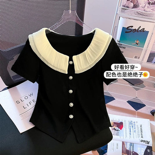 French style small fragrance mesh doll collar short-sleeved T-shirt for women summer high-end temperament slim and chic short top
