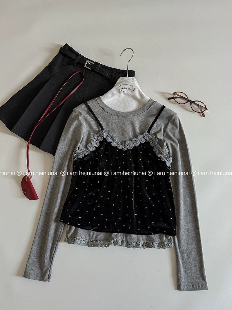 Simple solid color round neck base layer T-shirt, 2025 autumn new women's clothing short lace trim floral camisole