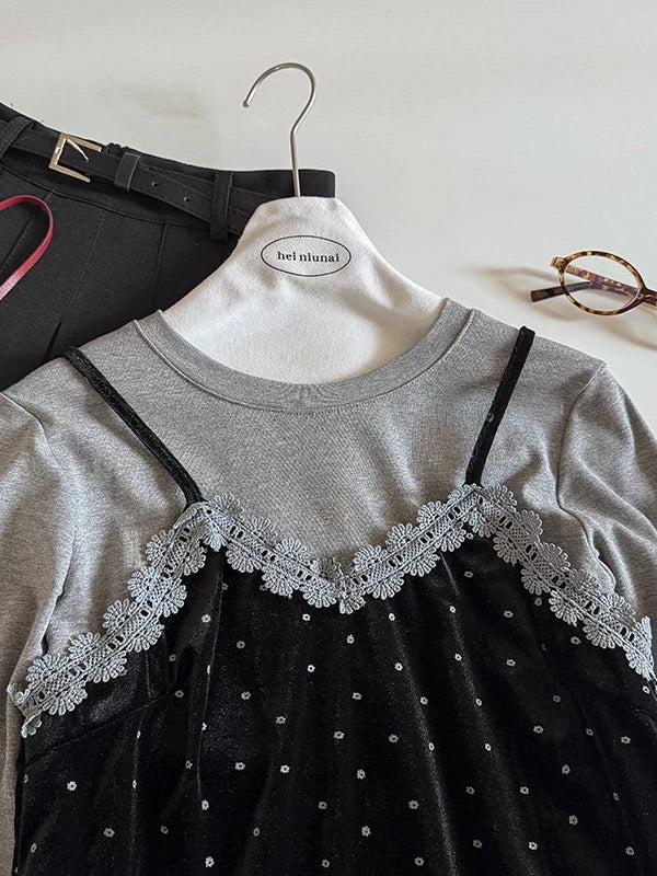 Simple solid color round neck base layer T-shirt, 2025 autumn new women's clothing short lace trim floral camisole