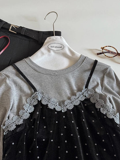 Simple solid color round neck base layer T-shirt, 2025 autumn new women's clothing short lace trim floral camisole