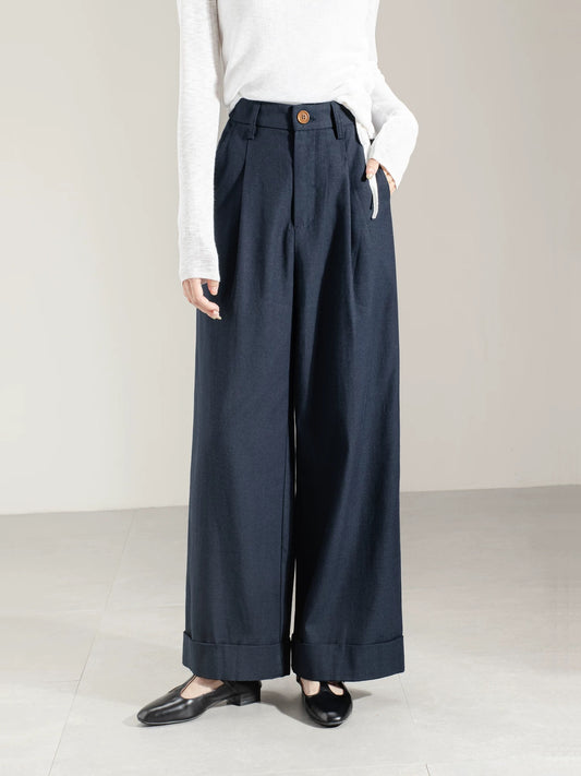 Commuter retro navy blue Tencel cotton rolled-edge casual pants for women autumn and winter elastic waist loose narrow version nine-point straight pants