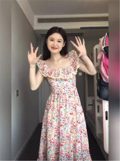 French retro oil painting floral square collar dress for women slim fit slimming seaside holiday leisure small flying sleeve long dress