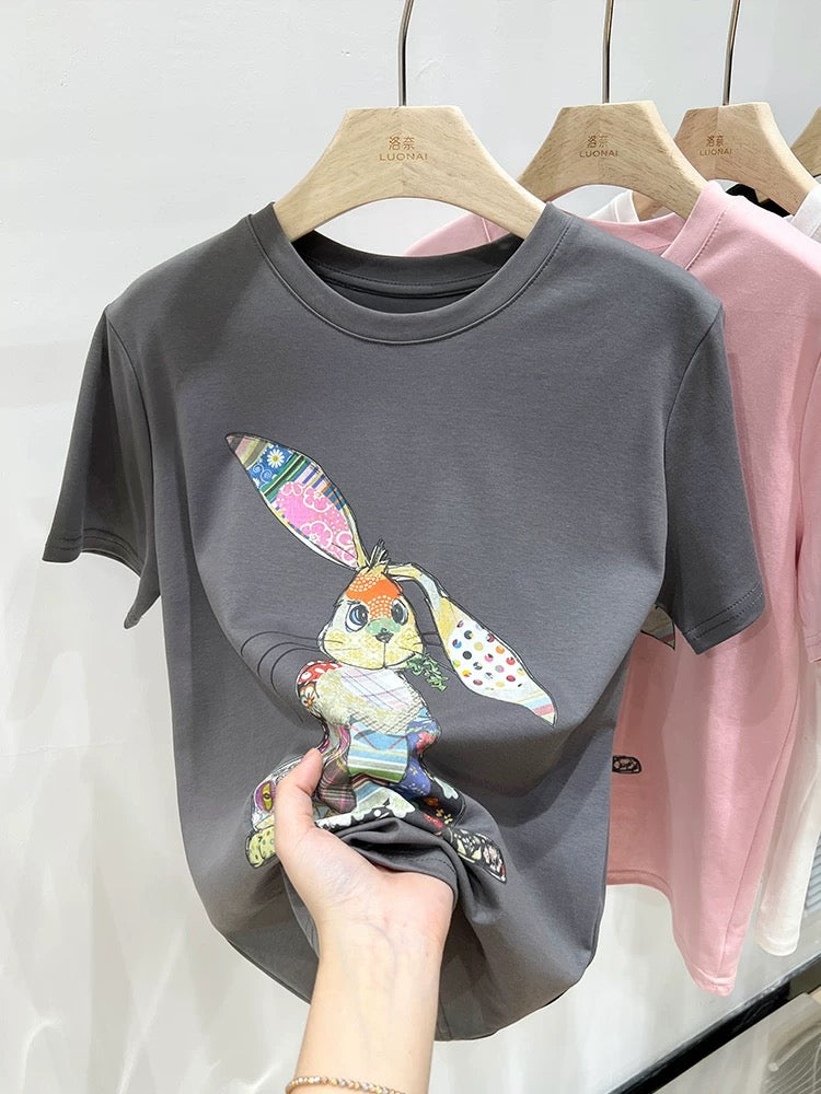 Pink t-shirt women's short-sleeved summer women's clothing new rabbit print design niche pure cotton loose top women's trendy