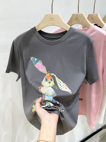 Pink t-shirt women's short-sleeved summer women's clothing new rabbit print design niche pure cotton loose top women's trendy