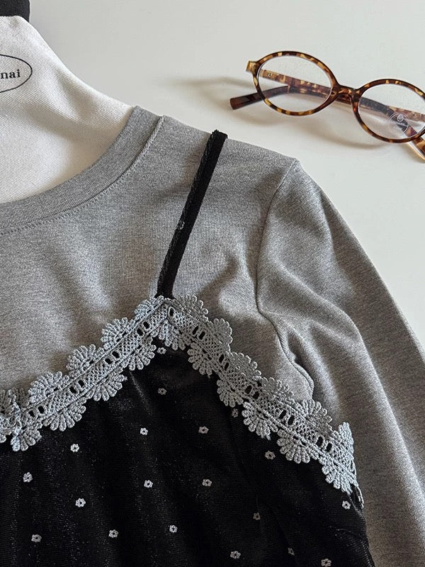 Simple solid color round neck base layer T-shirt, 2025 autumn new women's clothing short lace trim floral camisole