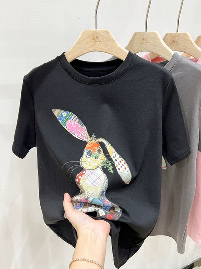 Pink t-shirt women's short-sleeved summer women's clothing new rabbit print design niche pure cotton loose top women's trendy