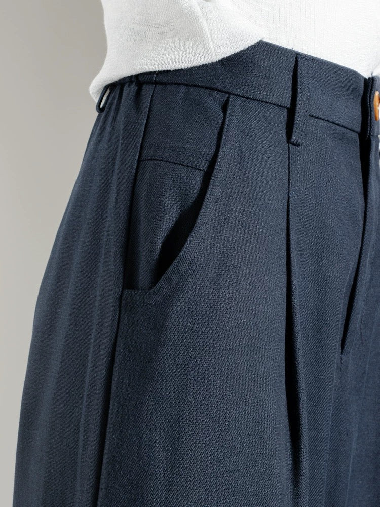 Commuter retro navy blue Tencel cotton rolled-edge casual pants for women autumn and winter elastic waist loose narrow version nine-point straight pants