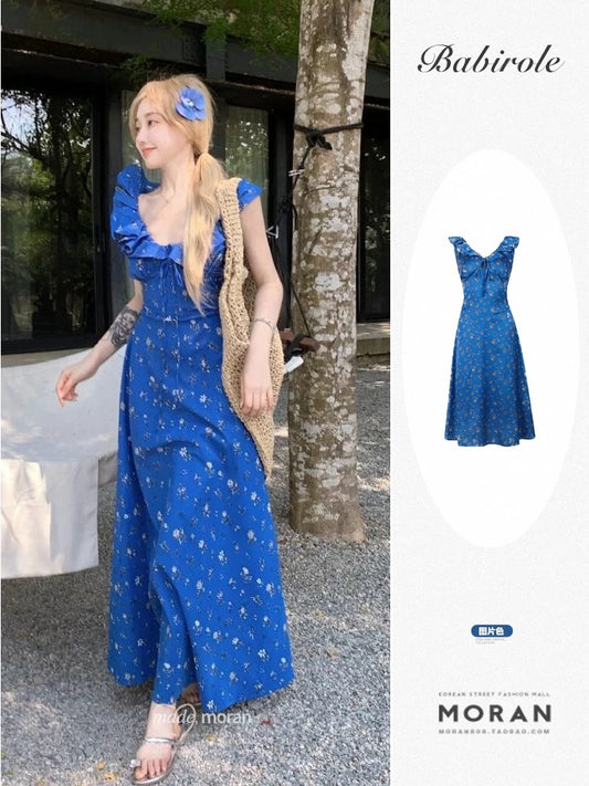 Summer beautiful dopamine blue floral white dress with waist and small flying sleeves for seaside holiday date long skirt