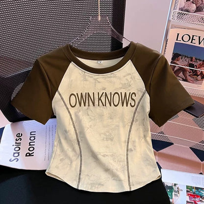 Curved hem T-shirt women's short-sleeved 2024 new summer right shoulder slim cotton short fishbone top for small people