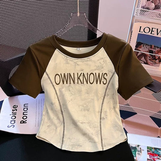 Curved hem T-shirt women's short-sleeved 2024 new summer right shoulder slim cotton short fishbone top for small people
