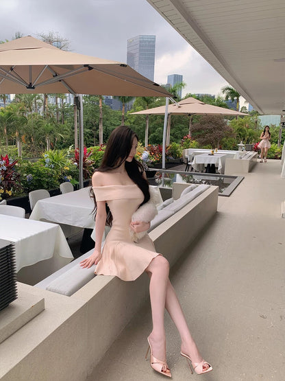 DFAY Grapefruit Sparkling Ice Knitted Dress, Elegant and Slimming Off-Shoulder Dress for Spring/Summer