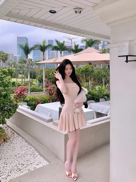 DFAY Grapefruit Sparkling Ice Knitted Dress, Elegant and Slimming Off-Shoulder Dress for Spring/Summer