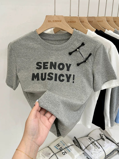 New Chinese style Chinese style disc buckle gray short-sleeved T-shirt for women summer 2024 new design slim short top trendy