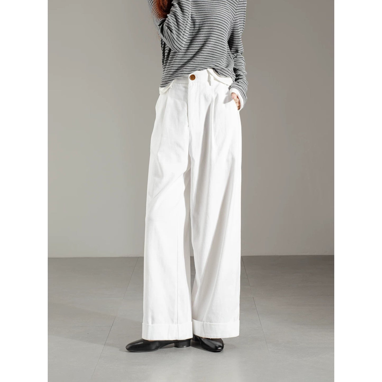 Commuter retro navy blue Tencel cotton rolled-edge casual pants for women autumn and winter elastic waist loose narrow version nine-point straight pants